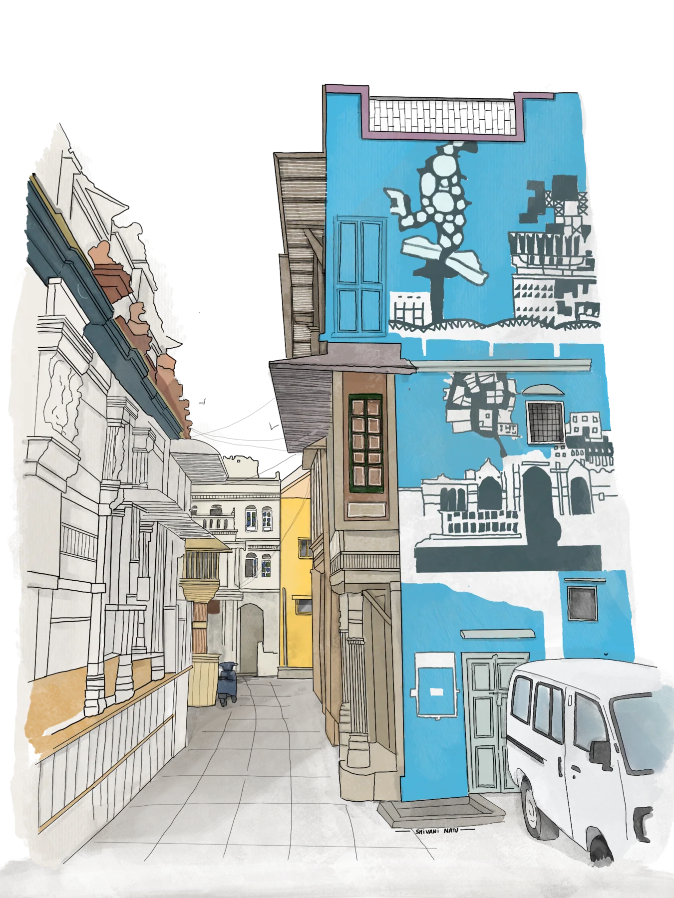 Old-city lane with a bright blue house painted with a white heritage-walk mural of monuments, carved stone facade opposite and a white van parked at the corner