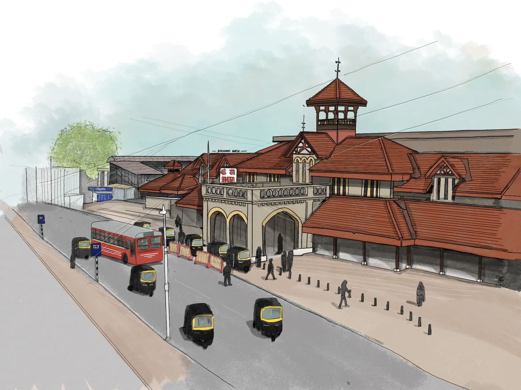 Red-tiled heritage suburban railway station with timber clock tower and arched entrance, BEST bus and autorickshaws on the road - reads as Bandra station